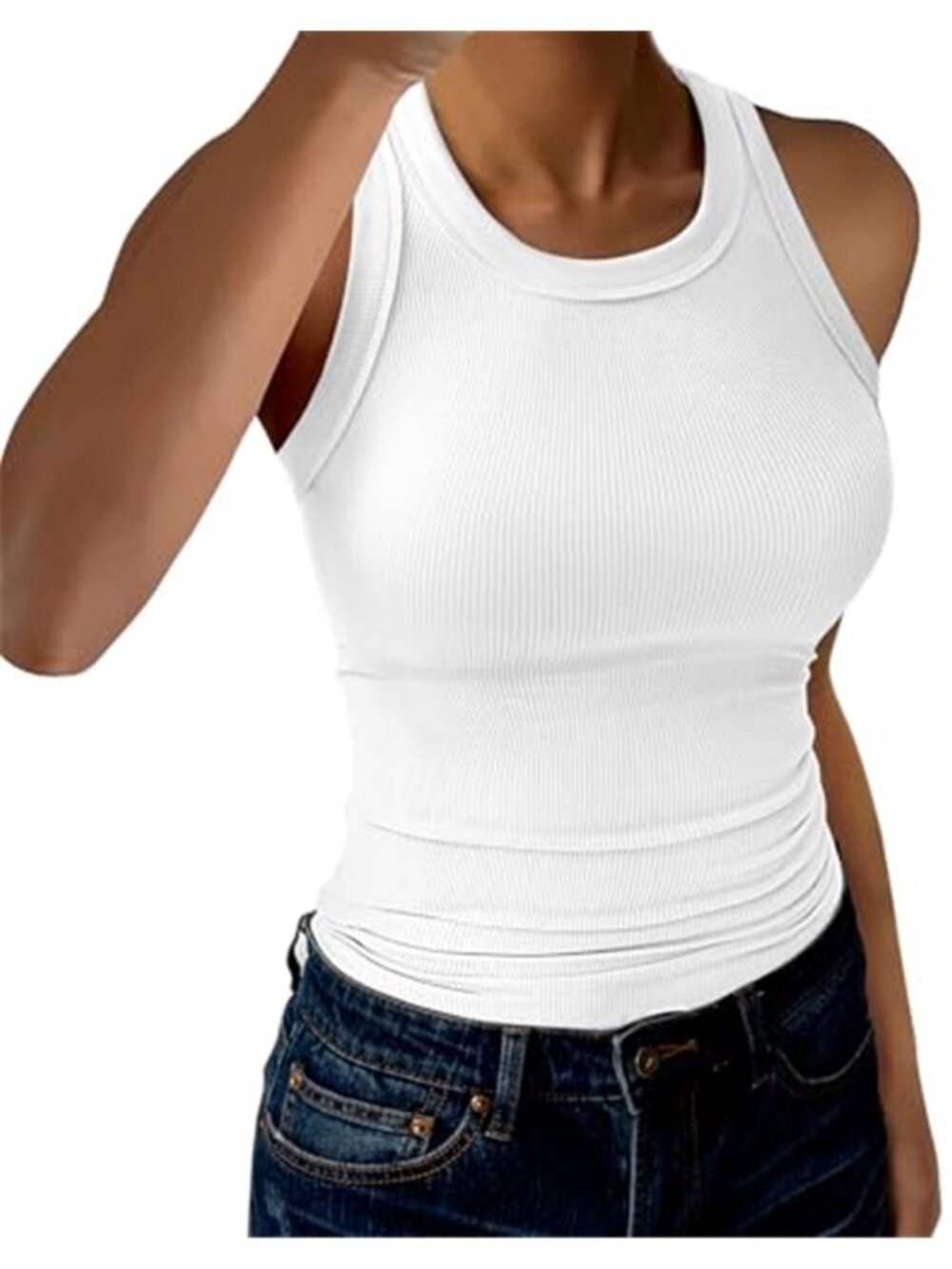 White High Neck Ribbed Tank Top Sleeveless Racerback Slim Fit Stretch Shirt